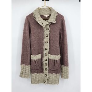 Anthropologie Casch Brown Crochet Boho Style Button Up Wool Jacket Small